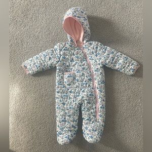 Infant snow suit. 6/9M. Floral pattern. Water proof exterior with fleece lining.
